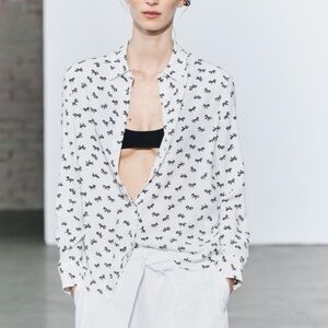 Zara white and black printed button down shirt